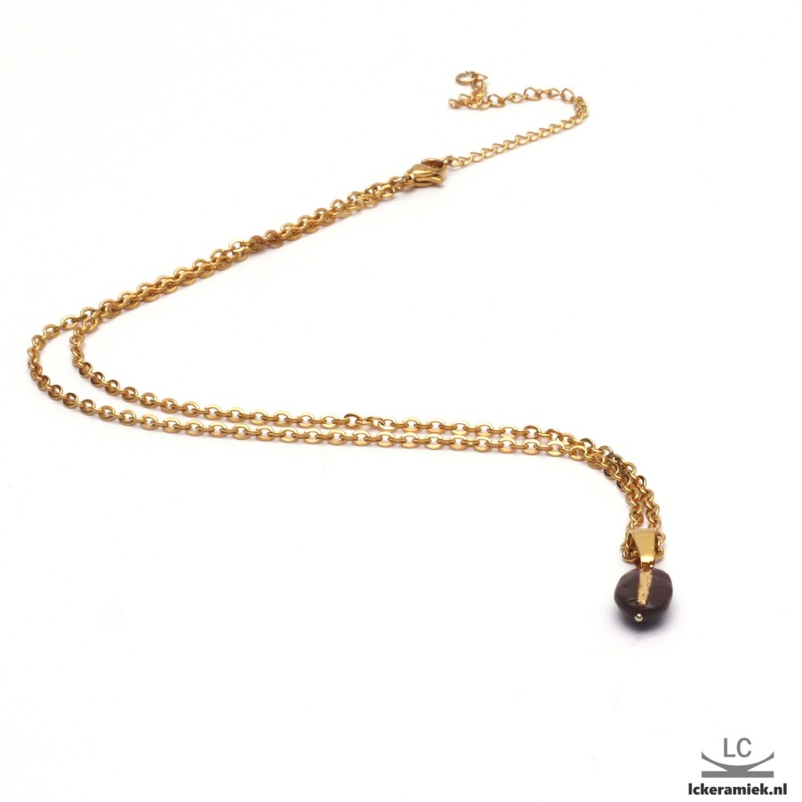 Sieraden Lc Keramiek | Ketting Met Porseleinen Koffieboon Met Echt Goud (Glanzend) & Ip Gouden Ketting