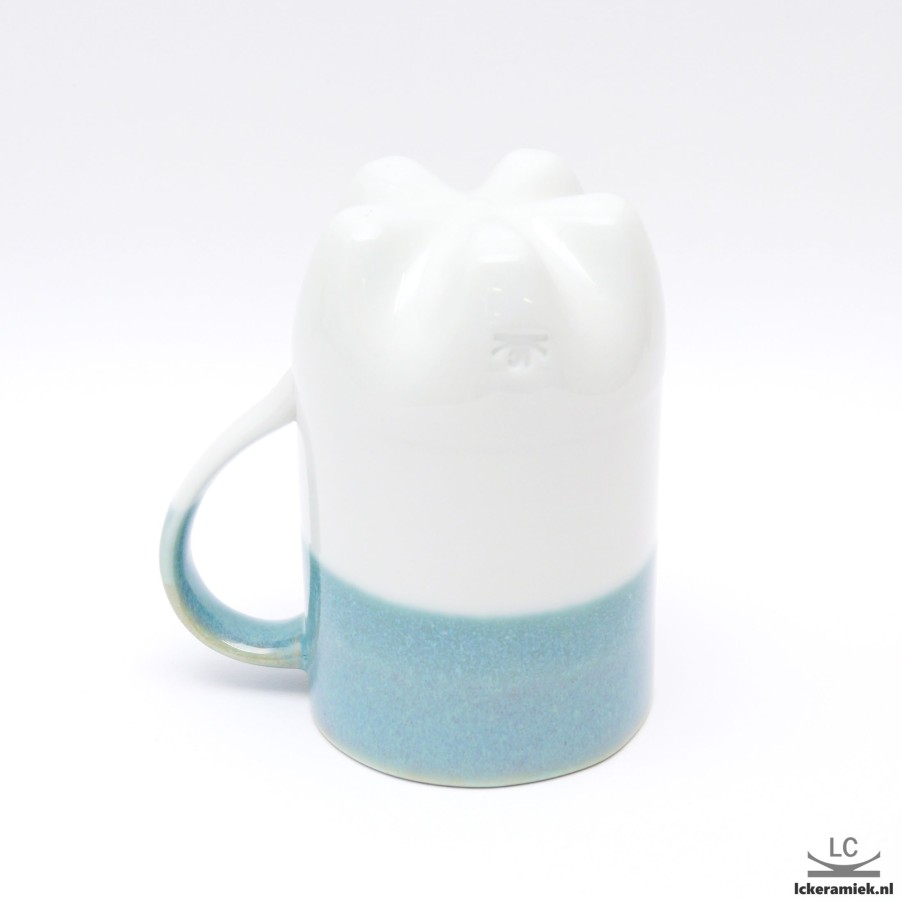 Servies Lc Keramiek | Porseleinen Petfles Mok Turquoise Wit, Met Oor 330Ml