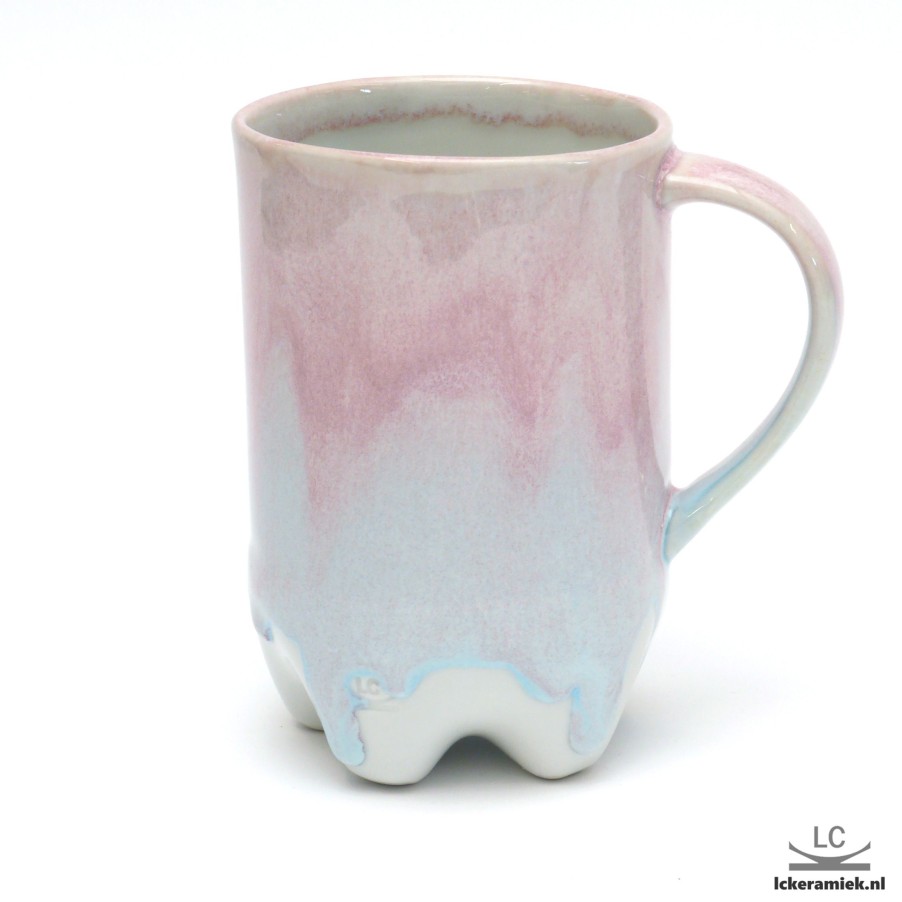 Servies Lc Keramiek | Porseleinen Petfles Mok Suikerspin Roze Blauw, Met Oor 330Ml