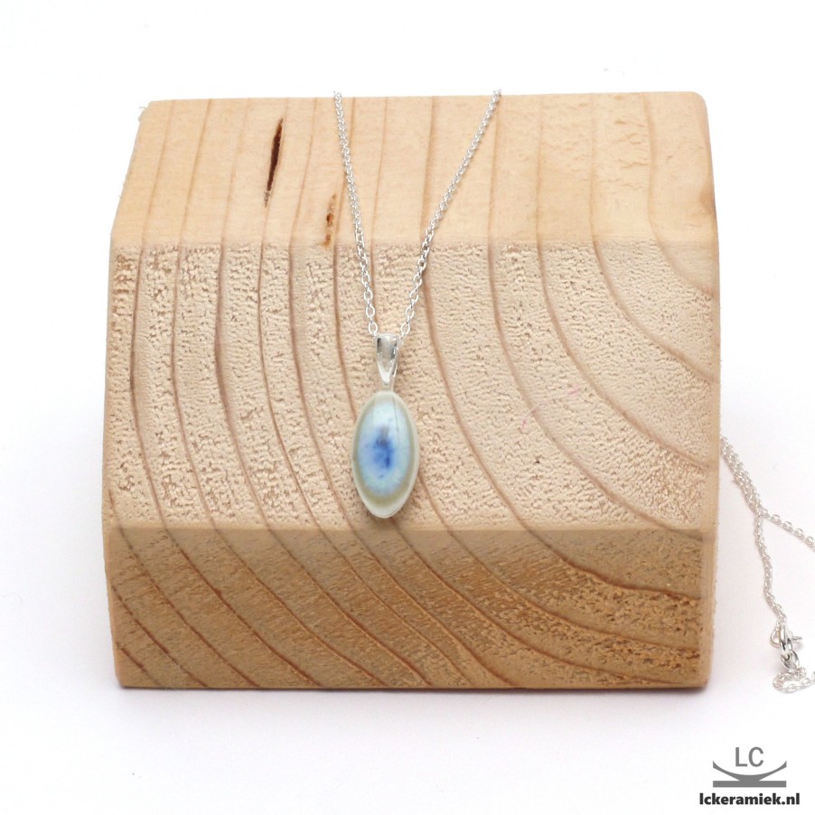 Sieraden Lc Keramiek | Ketting Met Porseleinen Ovaal Hanger - Blauwgroen - 2Cm - Sterling Zilver