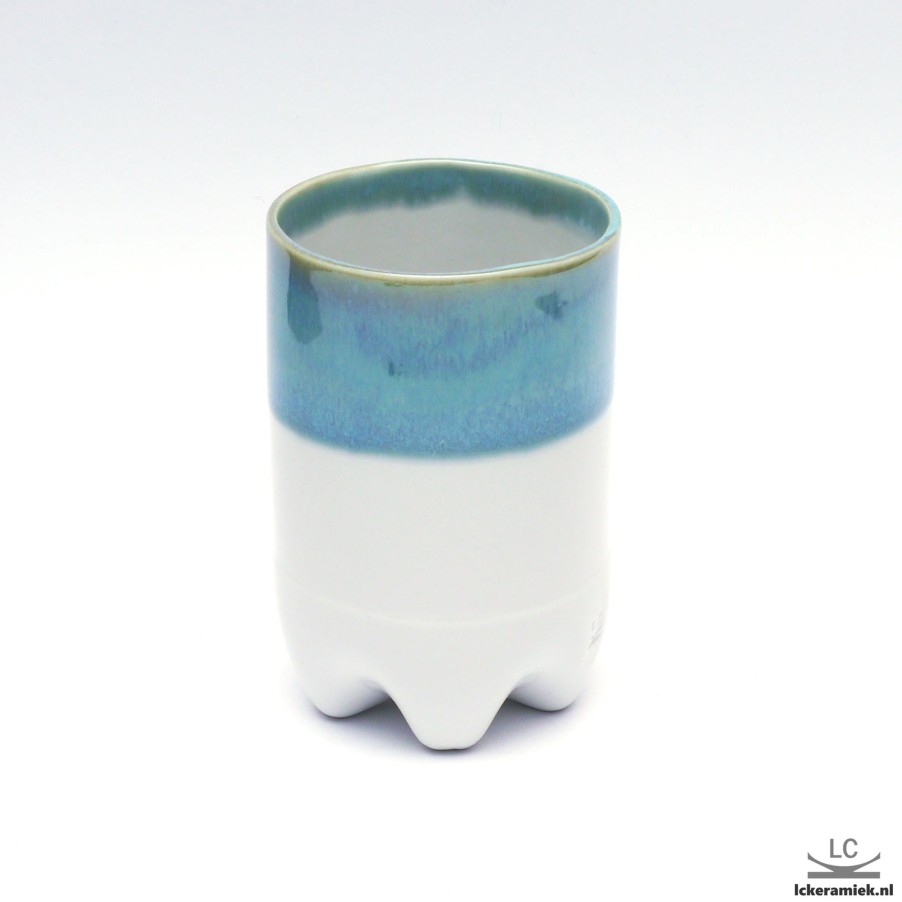 Servies Lc Keramiek | Porseleinen Petflesbeker Turquoise Wit, Zonder Oor 330Ml