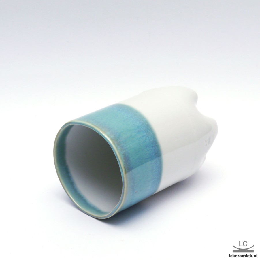 Servies Lc Keramiek | Porseleinen Petflesbeker Turquoise Wit, Zonder Oor 330Ml