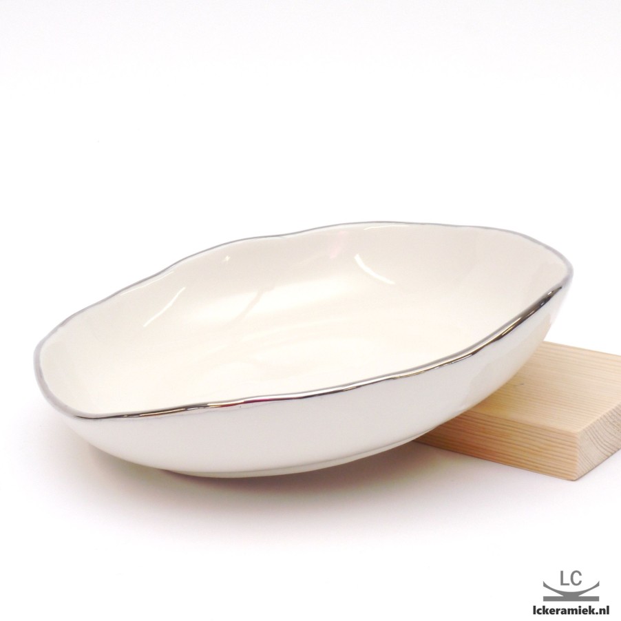 Servies Lc Keramiek | Porseleinen Plat Bord Met Zilveren Rand 822Cm