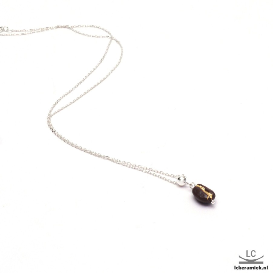 Sieraden Lc Keramiek | Ketting Met Porseleinen Koffieboon Met Echt Goud (Glanzend) & Sterling Zilver