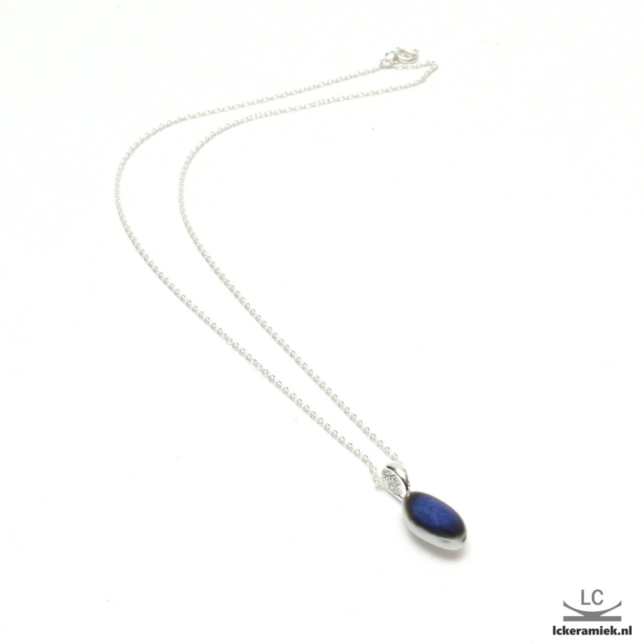 Sieraden Lc Keramiek | Ketting Met Porseleinen Ovaal Hanger - Donkerblauw - 2Cm - Sterling Zilver