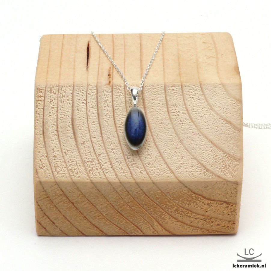 Sieraden Lc Keramiek | Ketting Met Porseleinen Ovaal Hanger - Donkerblauw - 2Cm - Sterling Zilver